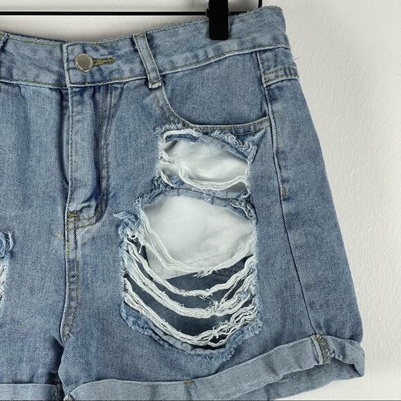 Shein Distressed High Rise Exposed Pockets Cuffed Blue Denim Jean Shorts Small - Picture 3 of 8